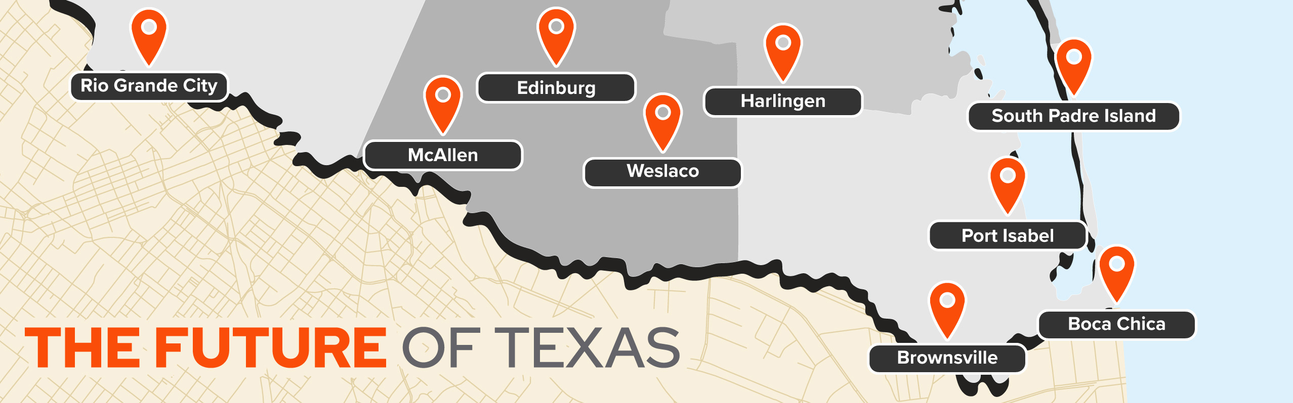 map showing utrgv locations in Edinburg, Brownsville, Halingen, McAllen, Weslaco, Rio Grande City, South Padre Island, Port Isabel, Boca Chica