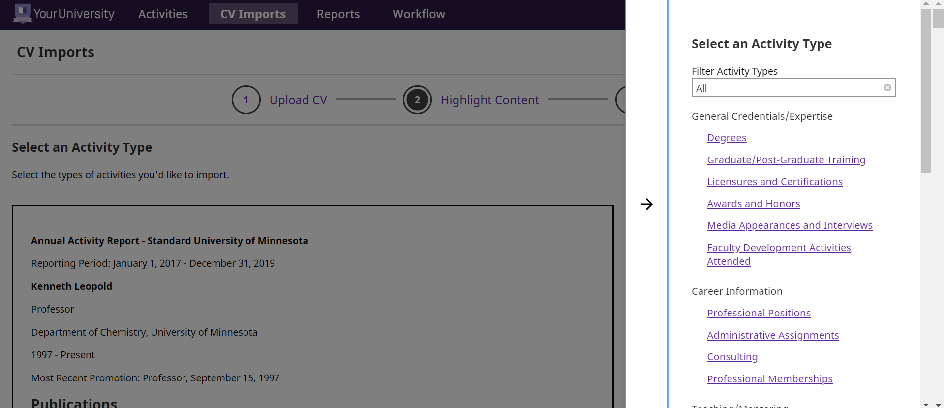 Select specific sections of uploaded CV