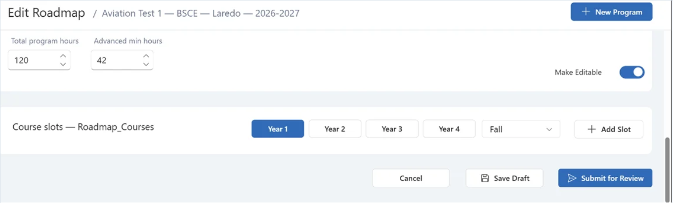 New roadmap editing screen at step 2. The empty Course slots table includes year and semester controls, an Add Slot button, and the Cancel, Save Draft and Submit for Review buttons.