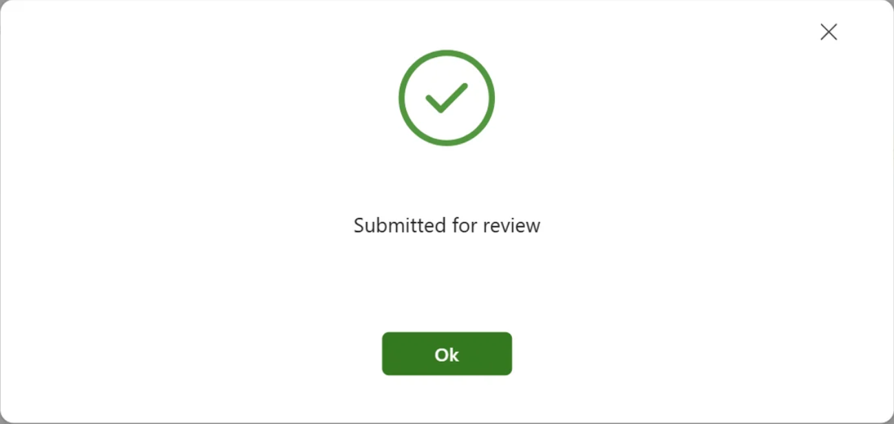 Submission confirmation dialog displaying a green check mark, the message Submitted for review and an OK button.