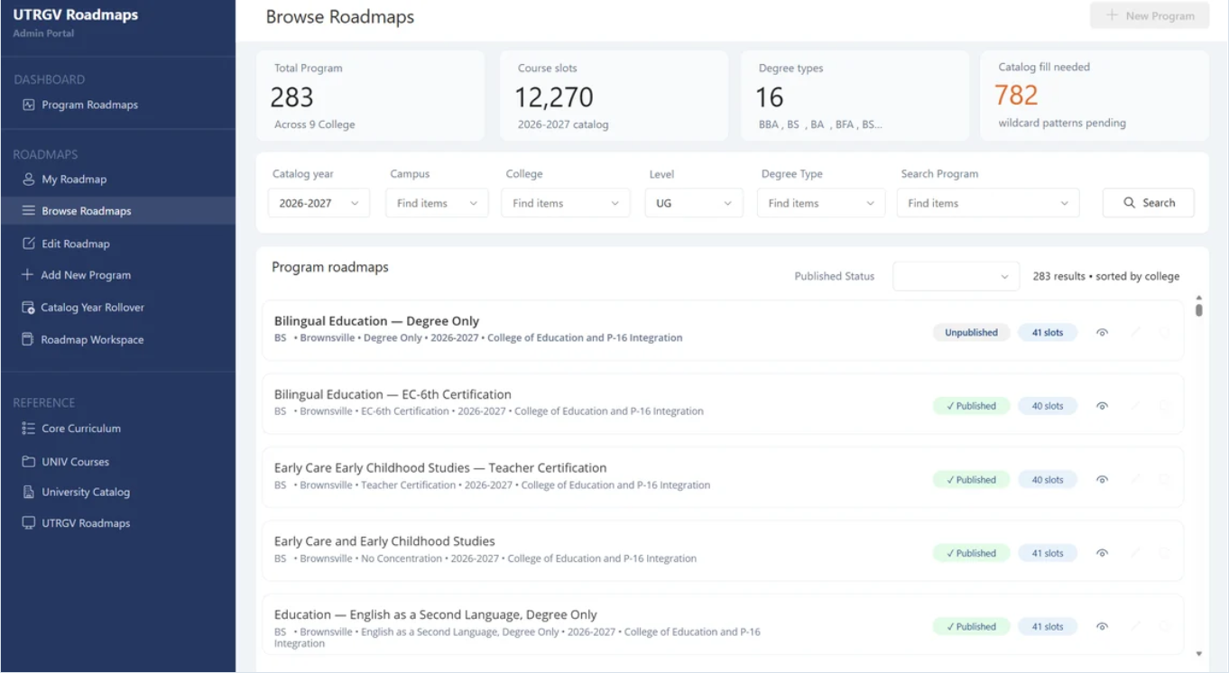Browse Roadmaps screen showing summary cards, search filters and a list of program roadmaps.