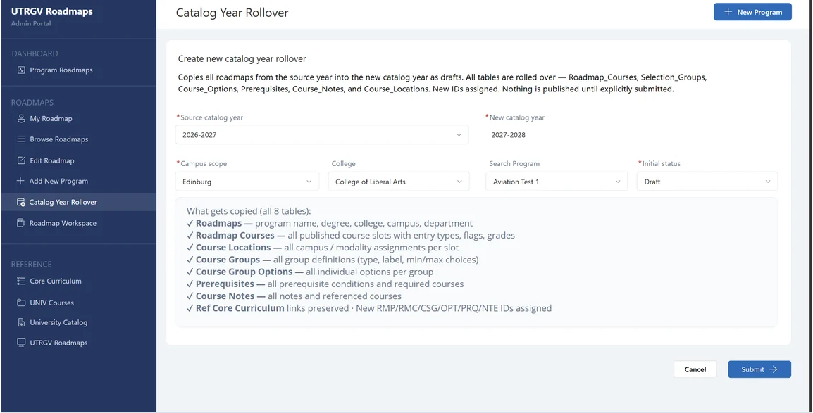 Catalog Year Rollover screen showing a source catalog year of 2026–2027, a new catalog year of 2027–2028, an Edinburg campus scope, optional college and program filters, and an initial status of Draft.