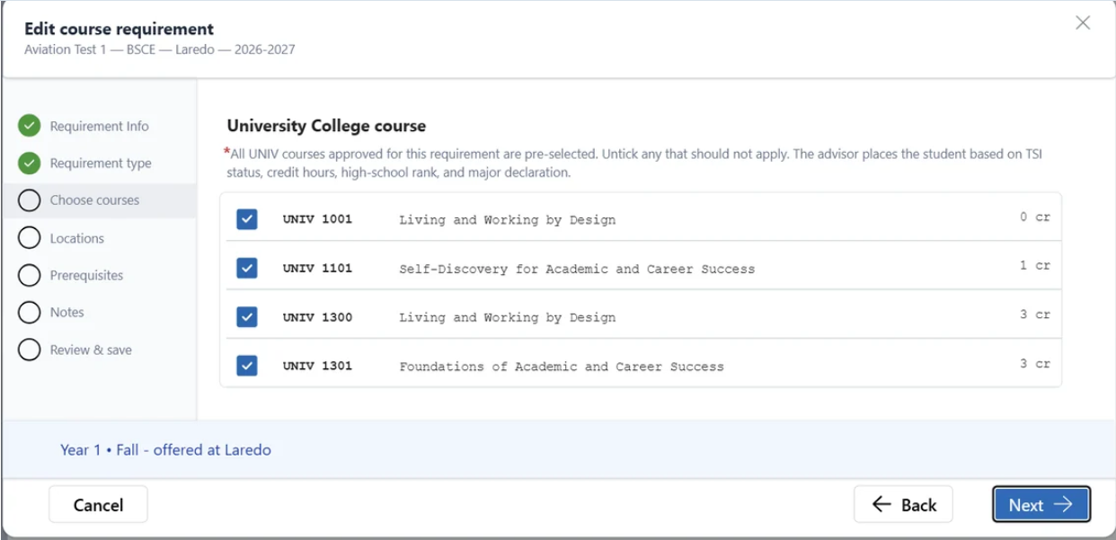 Choose courses step for a University College course requirement. The approved options UNIV 1001, UNIV 1101, UNIV 1300 and UNIV 1301 are displayed with checkboxes so one, several or all courses can be selected.