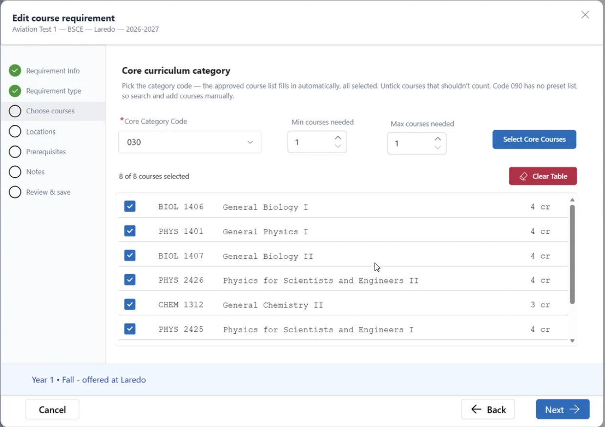 Choose courses step showing the approved courses that populated automatically after a Core curriculum category was selected. Each course has a checkbox for selection.