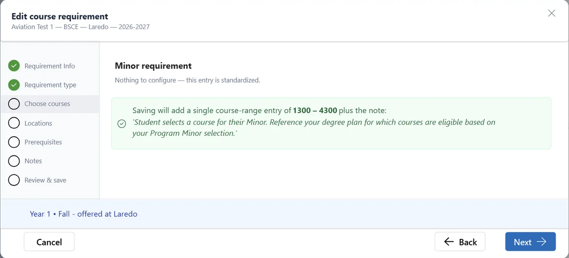 Choose courses step for a Minor requirement. The screen explains that there is nothing to configure and that saving creates a standardized course-range entry of 1300 through 4300 with a note directing students to their program minor requirements.