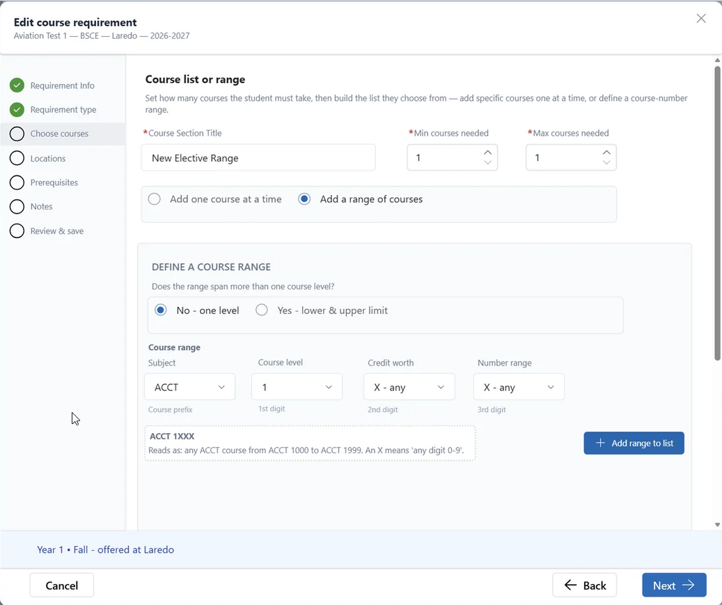 Course list or range screen with Add a range of courses selected. The range builder includes a choice between one level and lower and upper limits, followed by Subject, Course level, Credit worth and Number range fields.