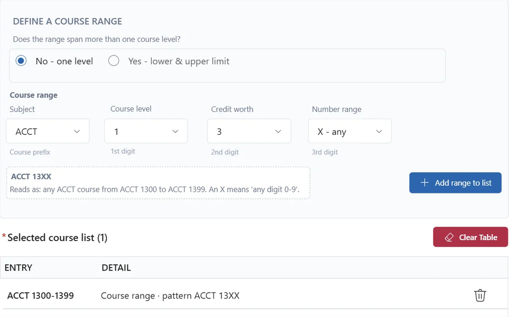 Single-level course range example. The pattern ACCT 13XX is interpreted as ACCT courses numbered 1300 through 1399 and appears in the selected course list as ACCT 1300–1399.