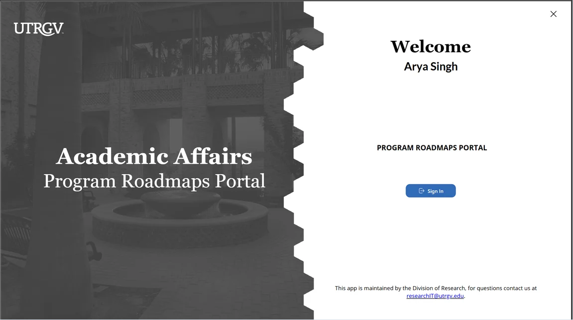 Roadmap Portal welcome screen showing the UTRGV Academic Affairs Program Roadmaps Portal and a Sign In button.