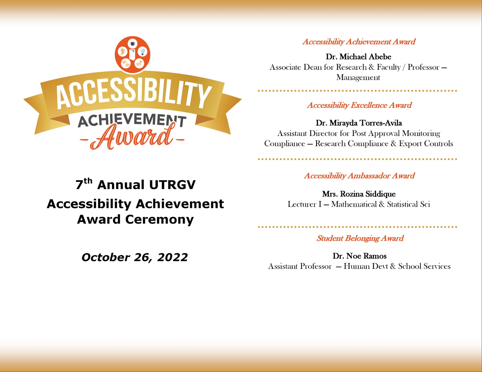 Accessibility Achievement Award 6th Annual UTRGV Accessibility Achievement Award Ceremony October, 2021