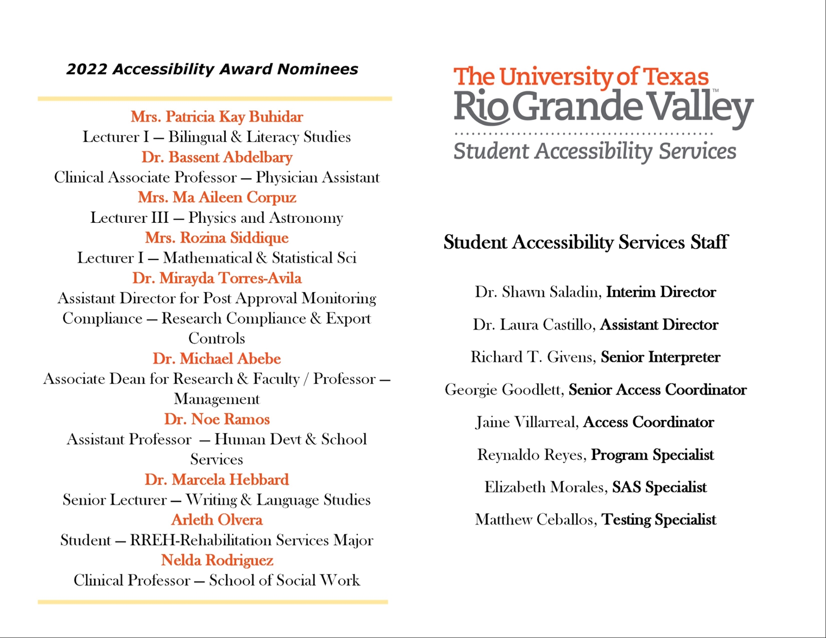 Award Ceremony Program, Page two