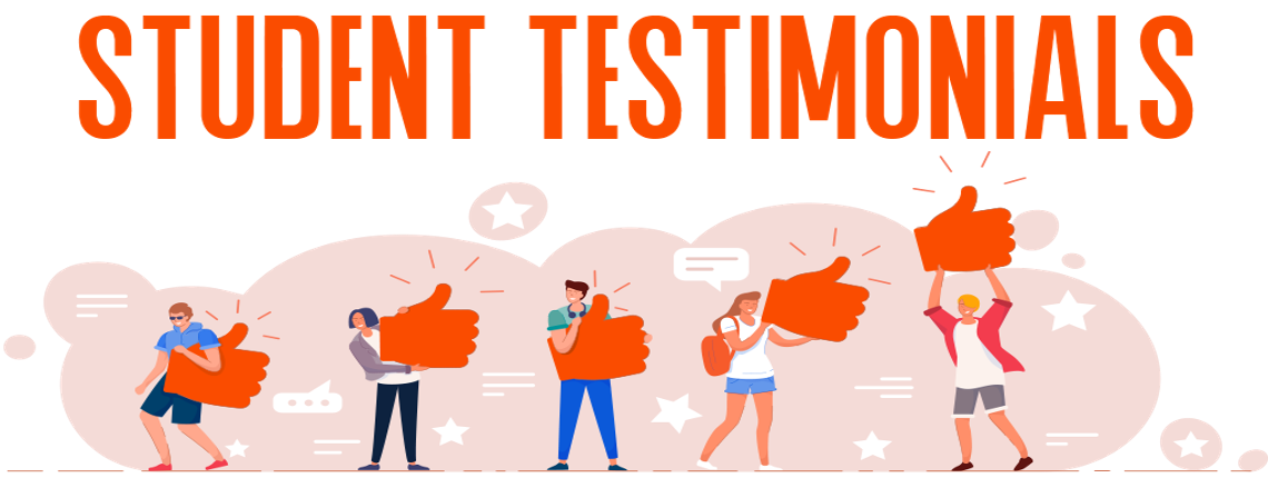 Student Testimonial link, animation of people each holding large orange thumbs up image