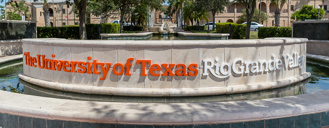 UTRGV wordsign on water fountain