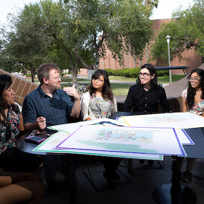 linguistics professor with students