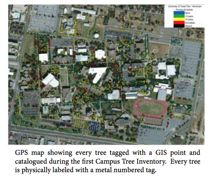 gPS map showing every tree tagged with a GIS point and catalogued during the first Campus Tree Inventory. Every tree is physically labeled with a metal numbered tag.