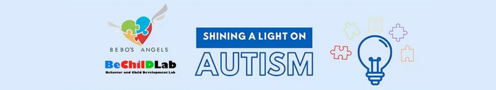 podcast banner shining a light on autism, bechildlab logo