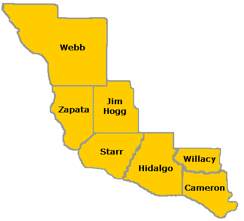 Texas Education Agency Educational Service Center Region 1 Map including Webb, Zapata, Jim Hogg, Starr, Hidalgo, Willacy, and Cameron counties