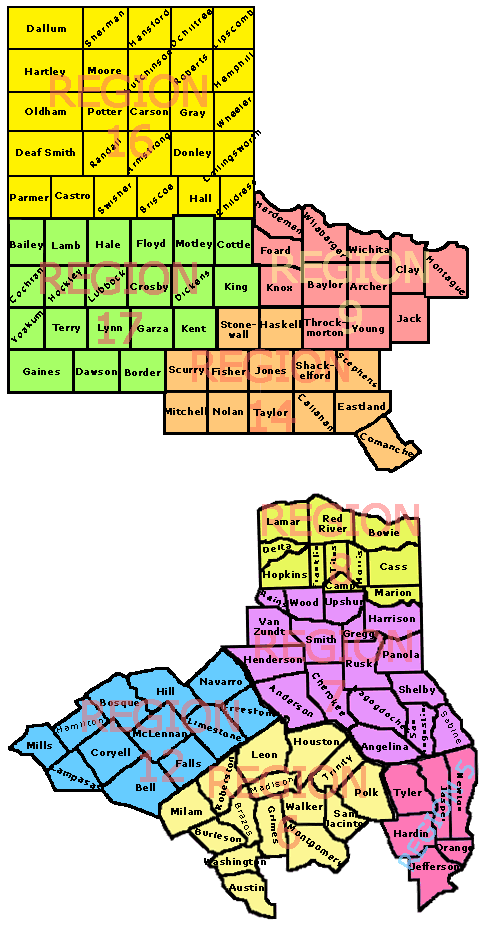 Texas Education Agency Educational Service Center Regions 5, 6, 7, 8, 9, 12, 14, 16, and 17 Maps includes counties from the Texas panhandle and Northeast Texas.