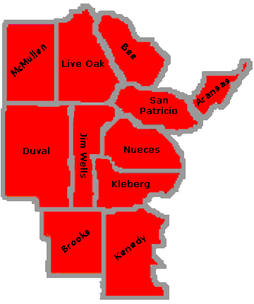Texas Education Agency Educational Service Center Region 2 Map including McMullen, Live Oak, Bee, Aransas, San Patricio, Duval, Jim Wells, Nueces, Kleberg, Brooks, and Kenedy counties