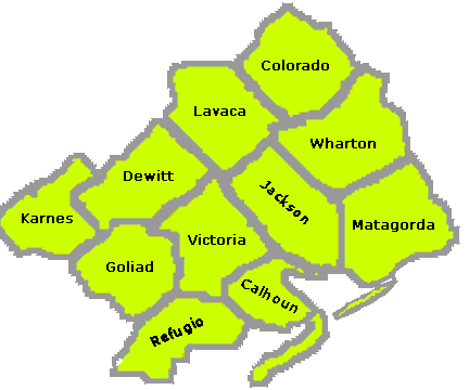 Texas Education Agency Educational Service Center Region 3 Map including Colorado, Lavaca, Wharton, Dewitt, Jackson, Matagorda, Goliad, Victoria, Refugio, Calhoun, and part of Karnes counties