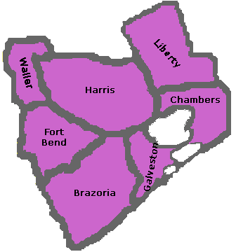 Texas Education Agency Educational Service Center Region 4 Map including Waller, Harris, Liberty, Chambers, Fort Bend, Barzoria, and Galveston counties