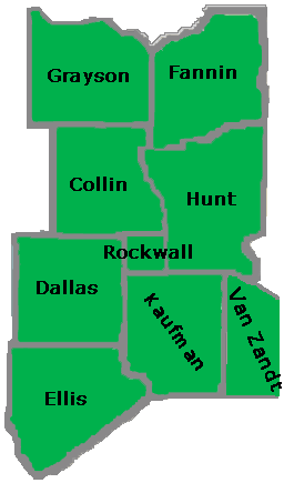 Texas Education Agency Educational Service Center Region 10 Map including Grayson, Fannin, Collin, Hunt, Rockwall, Dallas, Ellis, Kaufman, Van Zandt, and parts of Denton and Henderson counties