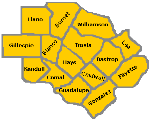 Texas Education Agency Educational Service Center Region 13 Map including Llano, Burnet, Williamson, Gillespie, Blanco, Travis, Bastrop, Lee, Hays, Caldwell, Fayette, Gonzales, and parts of Bell, Comal, Guadalupe, Kendall, and Milam counties