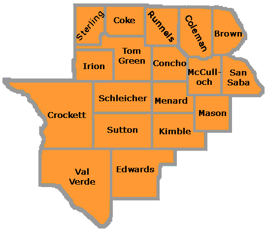 Texas Education Agency Educational Service Center Region 15 Map including Sterling, Coke, Runnels, Coleman, Brown, Irion, Tom Green, Concho, McCulloch, San Saba, Crockett, Schleicher, Menard, Sutton, Kimble, Mason, Val Verde, and Edwards counties