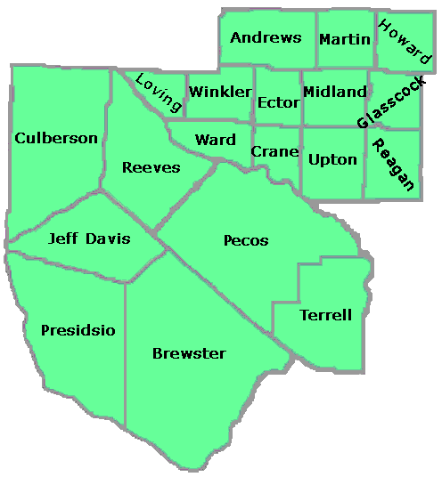 Texas Education Agency Educational Service Center Region 18 Map including Andrews, Martin, Howard, Culberson, Reeves, Loving, Winkler, Ector, Midland, Glasscock, Ward, Crane, Upton, Reagan, Jeff Davis, Pecos, Presidio, Brewster, and Terrell counties