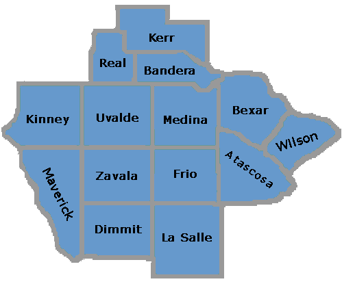 Texas Education Agency Educational Service Center Region 20 Map including Kerr, Real, Bandera, Kinney, Uvalde, Medina, Bexar, Wilson, Maverick, Zavala, Frio, Dimmit, La Salle, Atascosa and parts of Bell, Comal, Karnes, Kendall, and Guadalupe counties