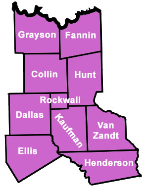 Texas Education Agency Educational Service Center Region 10 Map including Grayson, Fannin, Collin, Hunt, Rockwall, Dallas, Ellis, Kaufman, Van Zandt, and parts of Denton and Henderson counties