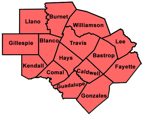 Texas Education Agency Educational Service Center Region 13 Map including Llano, Burnet, Williamson, Gillespie, Blanco, Travis, Bastrop, Lee, Hays, Caldwell, Fayette, Gonzales, and parts of Bell, Comal, Guadalupe, Kendall, and Milam counties