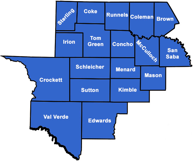 Texas Education Agency Educational Service Center Region 15 Map including Sterling, Coke, Runnels, Coleman, Brown, Irion, Tom Green, Concho, McCulloch, San Saba, Crockett, Schleicher, Menard, Sutton, Kimble, Mason, Val Verde, and Edwards counties