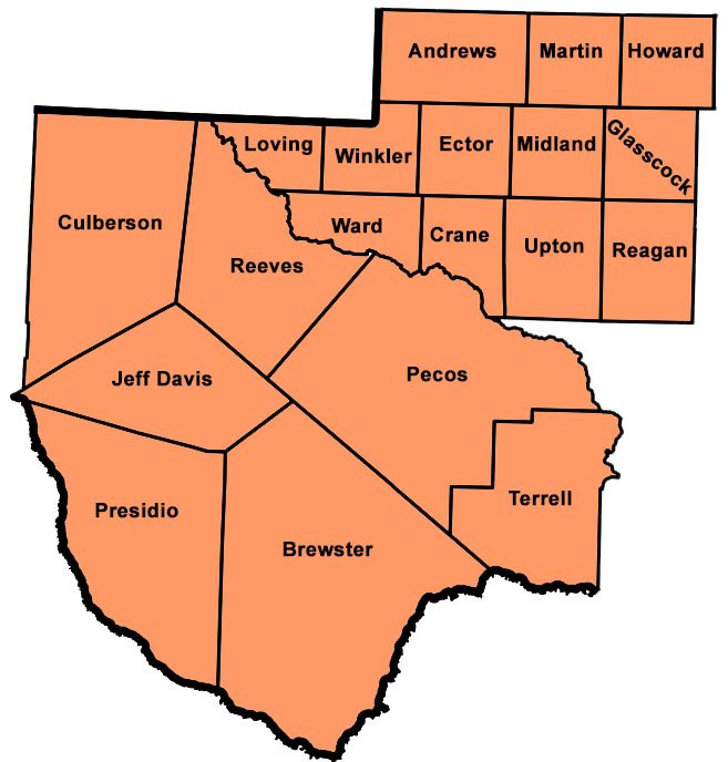 Texas Education Agency Educational Service Center Region 18 Map including Andrews, Martin, Howard, Culberson, Reeves, Loving, Winkler, Ector, Midland, Glasscock, Ward, Crane, Upton, Reagan, Jeff Davis, Pecos, Presidio, Brewster, and Terrell counties