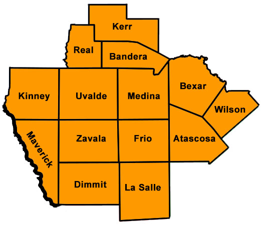 Texas Education Agency Educational Service Center Region 20 Map including Kerr, Real, Bandera, Kinney, Uvalde, Medina, Bexar, Wilson, Maverick, Zavala, Frio, Dimmit, La Salle, Atascosa and parts of Bell, Comal, Karnes, Kendall, and Guadalupe counties