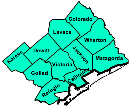 Texas Education Agency Educational Service Center Region 3 Map including Colorado, Lavaca, Wharton, Dewitt, Jackson, Matagorda, Goliad, Victoria, Refugio, Calhoun, and part of Karnes counties