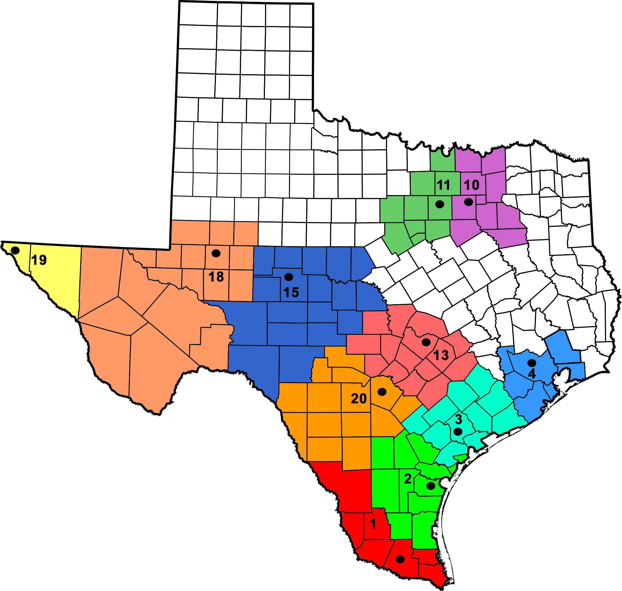 Texas Education Agency Regional Map showing 20 Education Service Centers (ESCs) in Texas