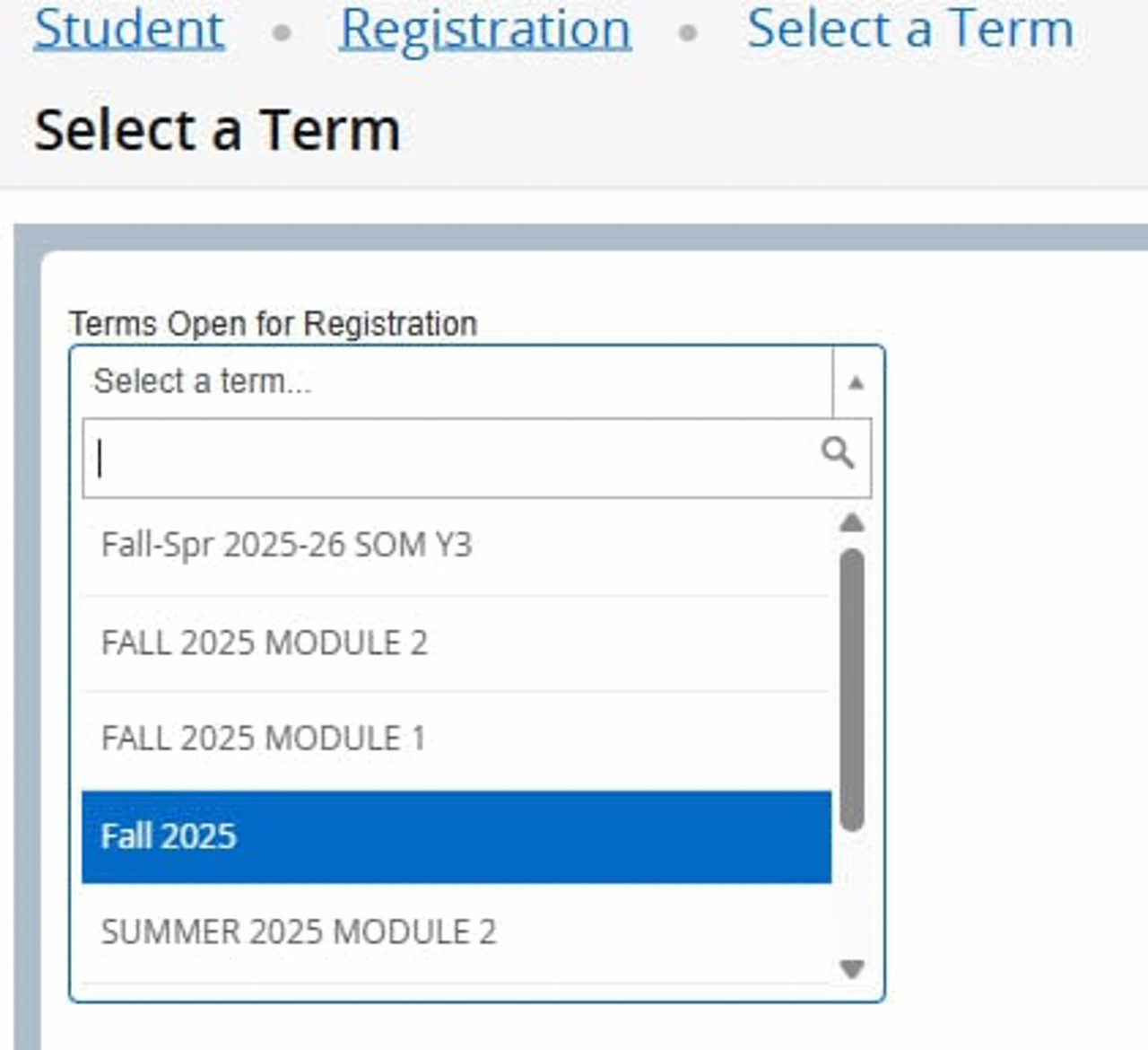 Image showing where to select the semester first before selecting clases