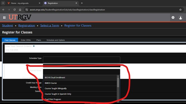 Image showing the dropdown section where you can find the clases you want to pick