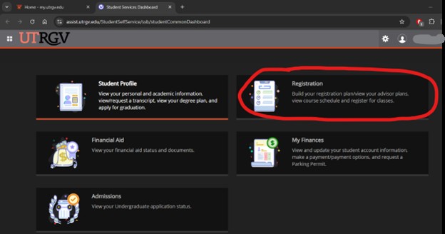 Showing where you can select the registration section