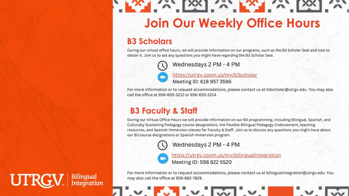 Office hours for students, faculty, and staff