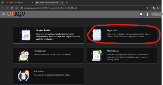 Showing where you can select the registration section
