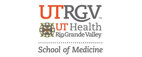UTRGV logo on top, UT Health logo as next line, followed by horizontal line and School of Medicine text below them.