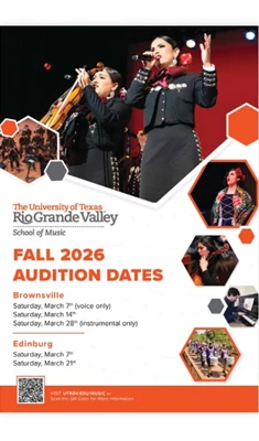 UTRGV poster for Fall 2026 audition dates for UTRGV School of Music. Highlighting 40% tex