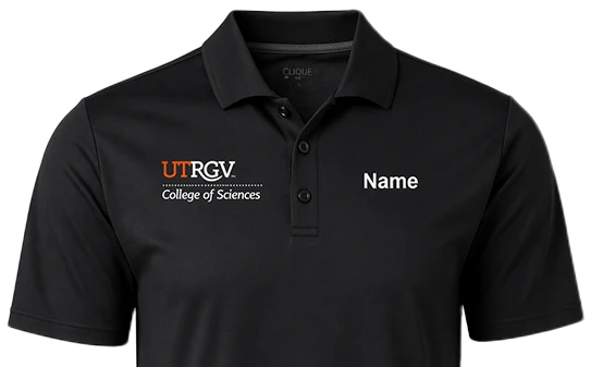 Polo shirt with logo on right side of shirt while name is on the left.