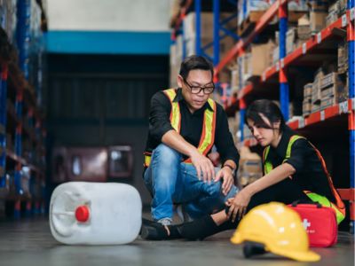 a employee helping an injured employees ankle