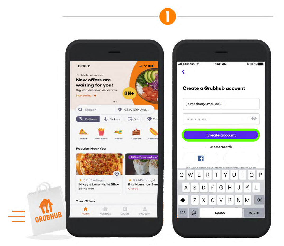 Step 1 showing phone screen-grab of Grubhub app home and a second screen displaying user Jamie Doe creating a new account.