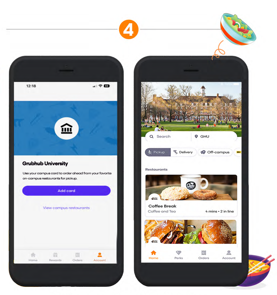 Step 4 showing phone screen-grab of Grubhub Add Card step and View campus restaurants screen.