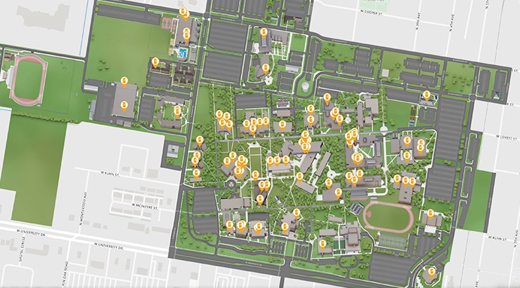 Aerial view of Edinburg campus map showing vending machine locations (click to navigate to interactive map)