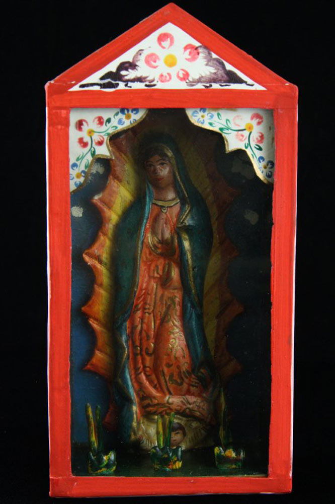 Anonymous Artist - Our Lady of Guadalupe - wooden retablo with ceramic figurine - Peruvian. Gift of Carolyn Warmbold 2017.01.075 - Front view.