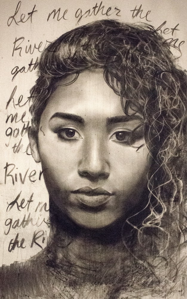 Luis A. Corpus - Let me Gather the River, 2018 - Charcoal and water on paper - 90 in x 42 in